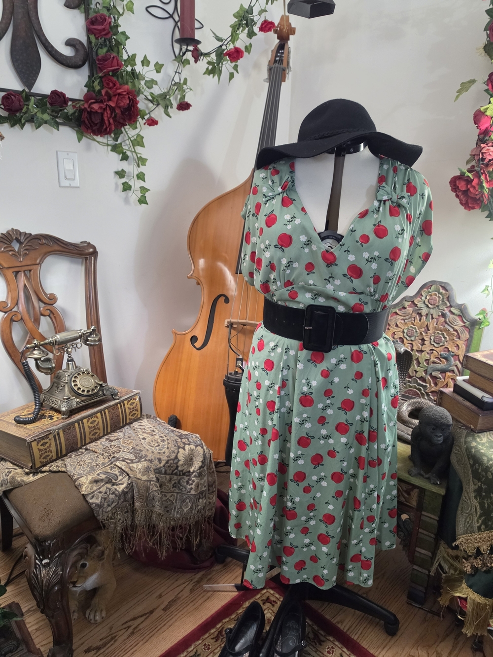 Unique Vintage Mint Green Midi Dress with Red Apple  Print